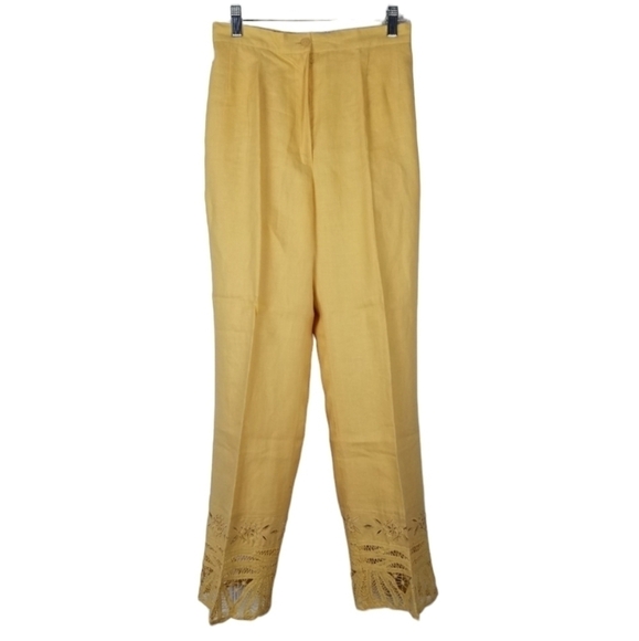JSong Linen Eyelet Hem Full Length Pants Size 10 Fully Lined Yellow Pockets Zip - Picture 1 of 9